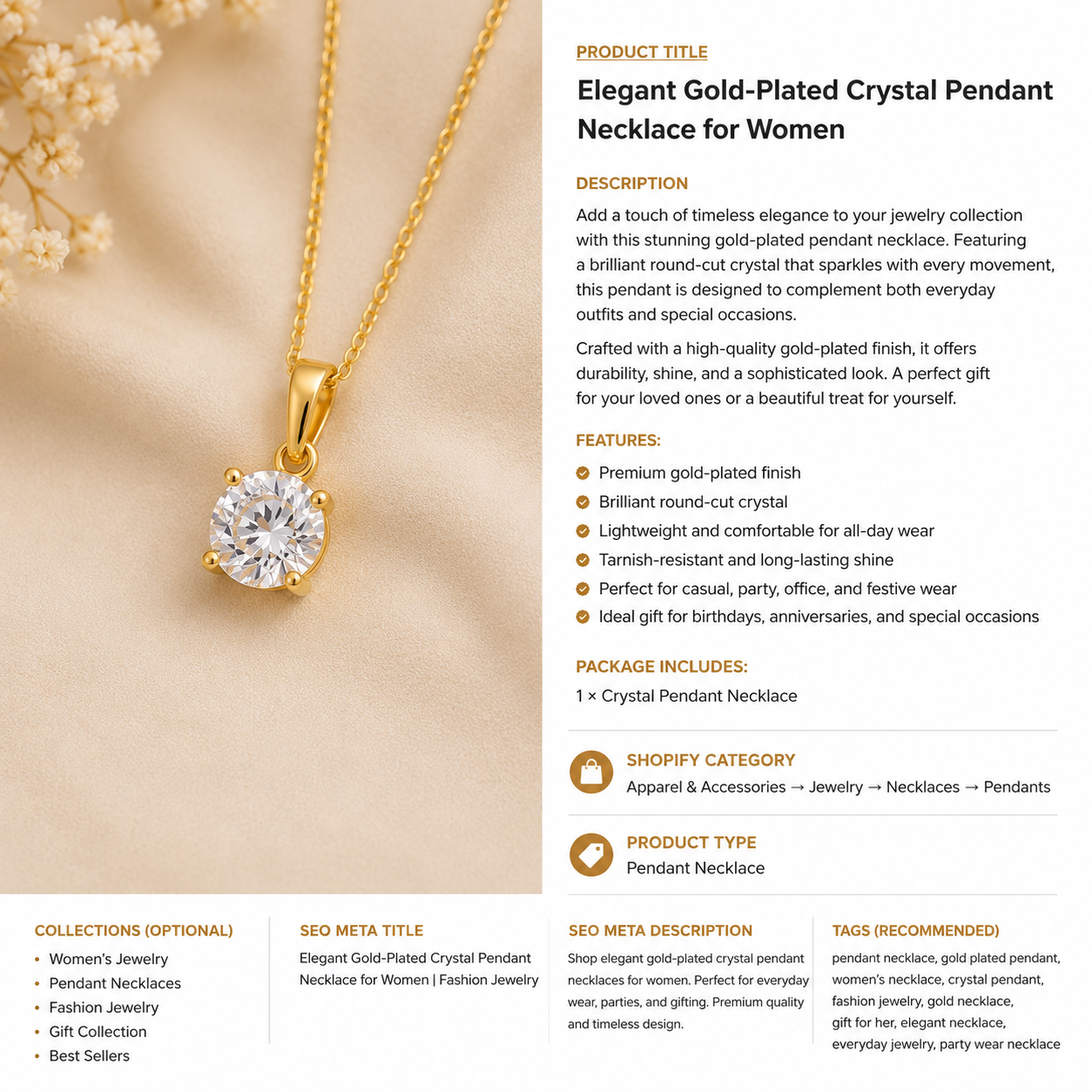 Elegant Gold-Plated Crystal Pendant Necklace for Women